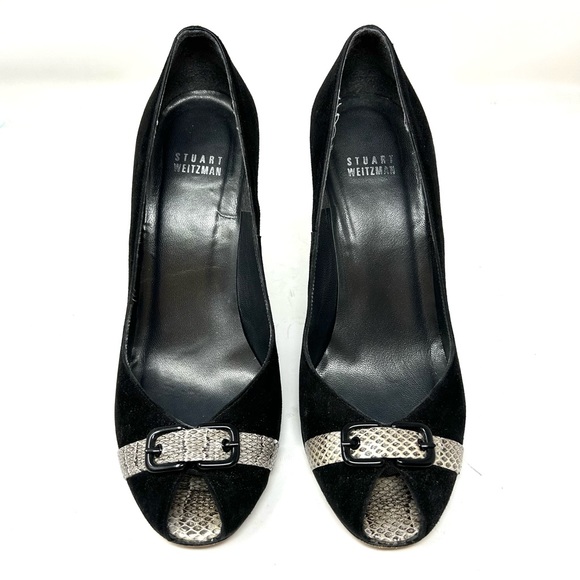 STUART WEITZMAN black suede, snakeskin, peep toe heels, made in Italy, size 8.5 - Picture 2 of 11
